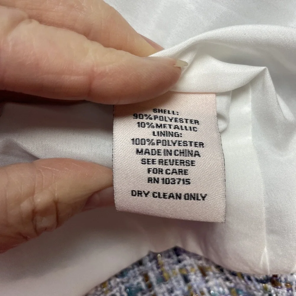 Nanette Lepore Nora‎ Boucle Jacket Womens L Blue Metallic Tweed Pearl Buttons - Picture 6 of 11